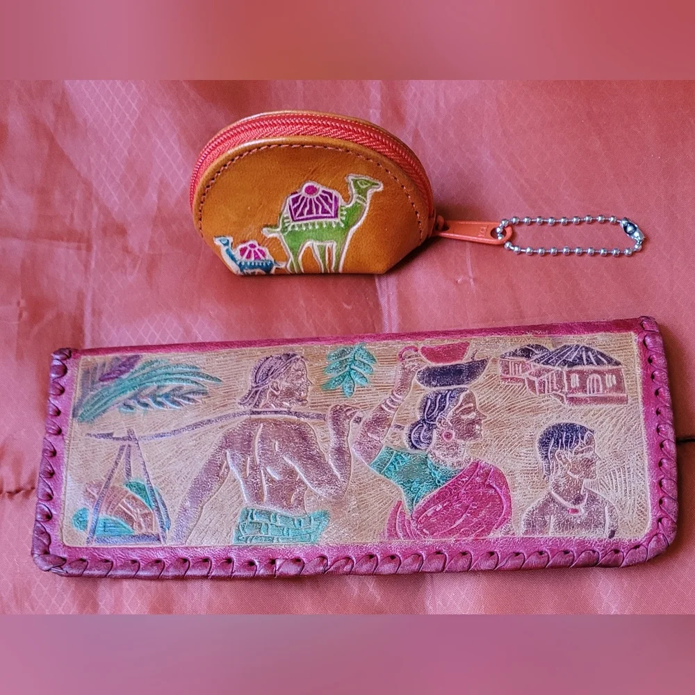 Vtg Handcrafted Tooled Gen.Leather Eyeglass Case/Wallet and Camel Coin-Key P…